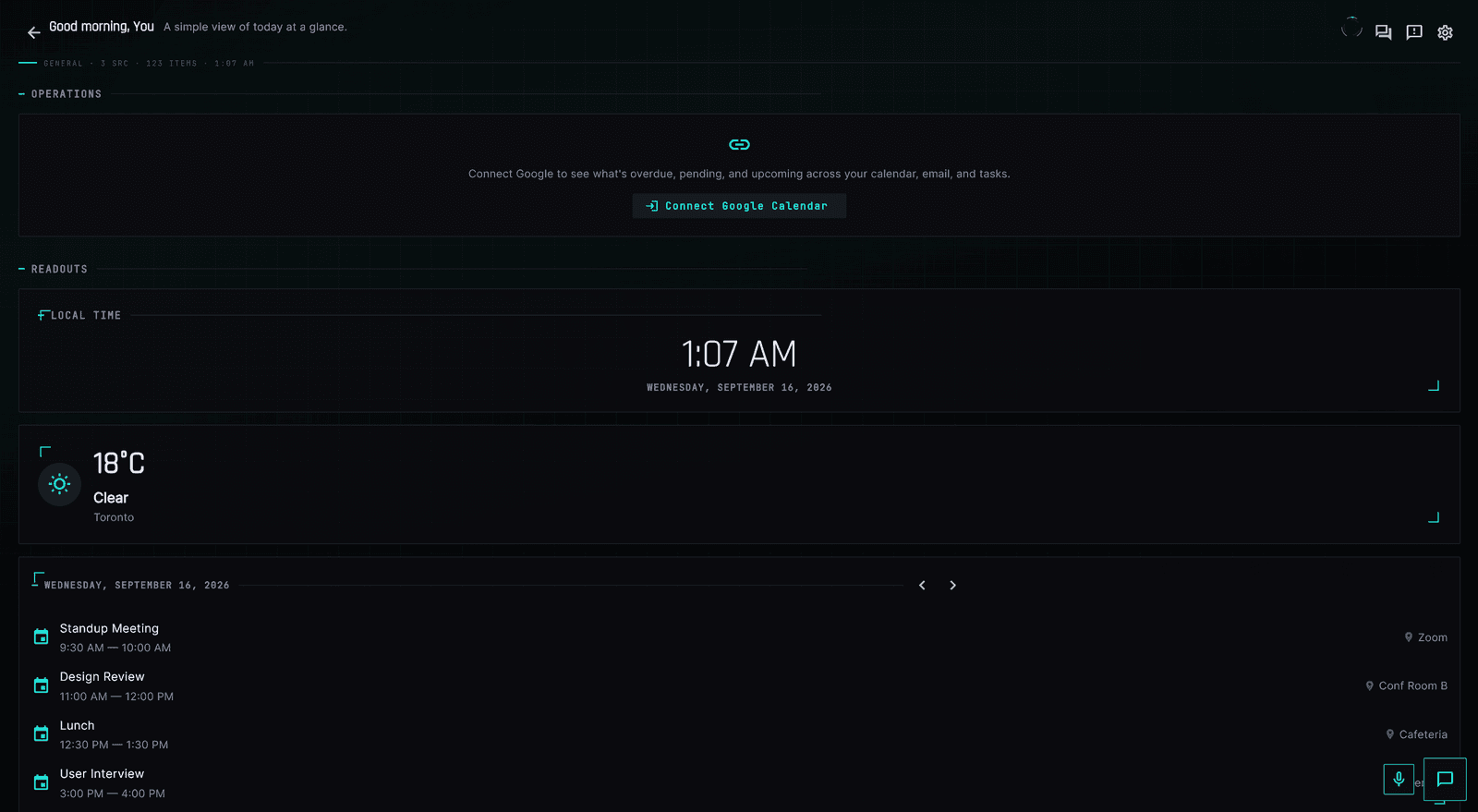 Anisa's General dashboard showing local time, weather, and a day's calendar events with locations.