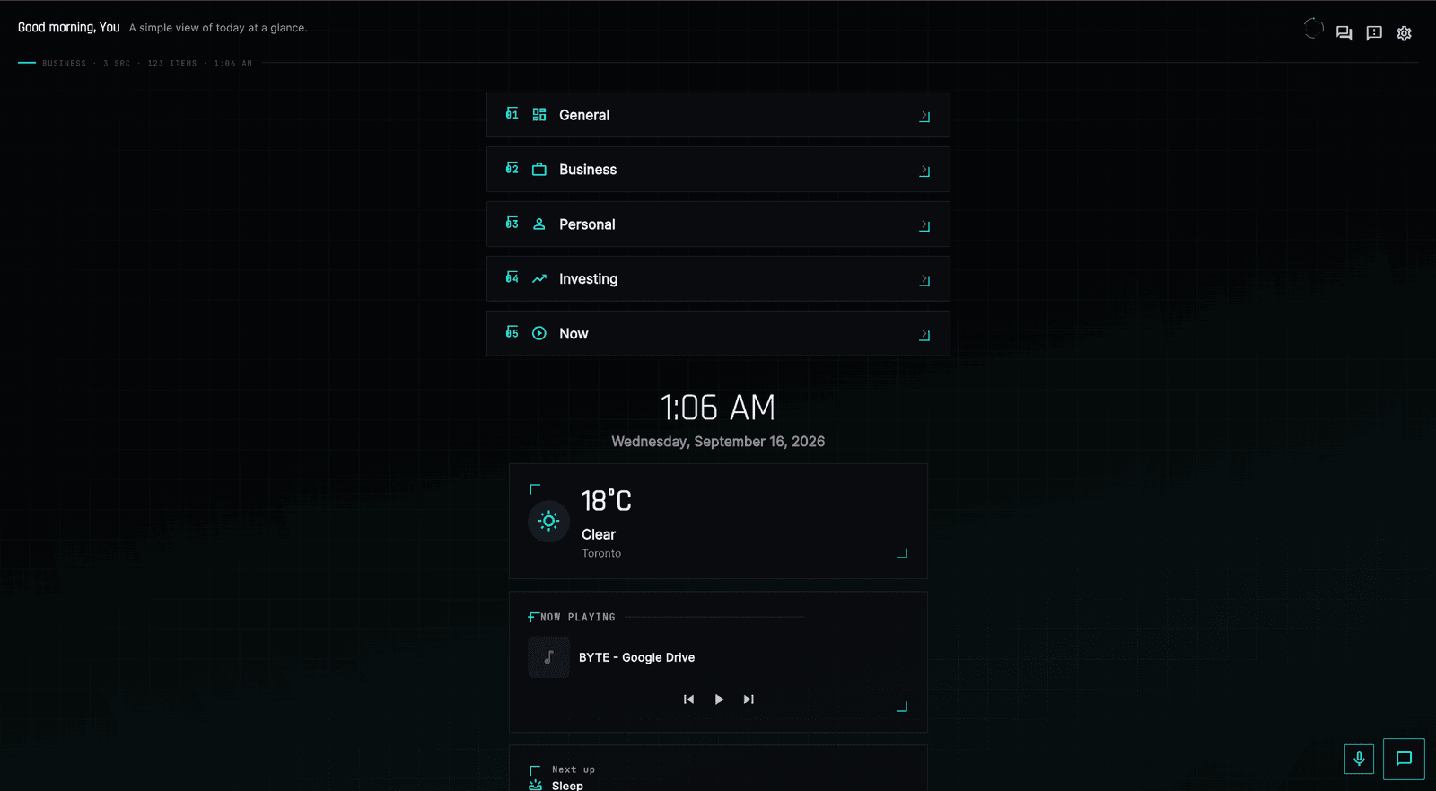 Anisa's home screen, showing General, Business, Personal, Investing, and Now mode tiles alongside the local time and weather.